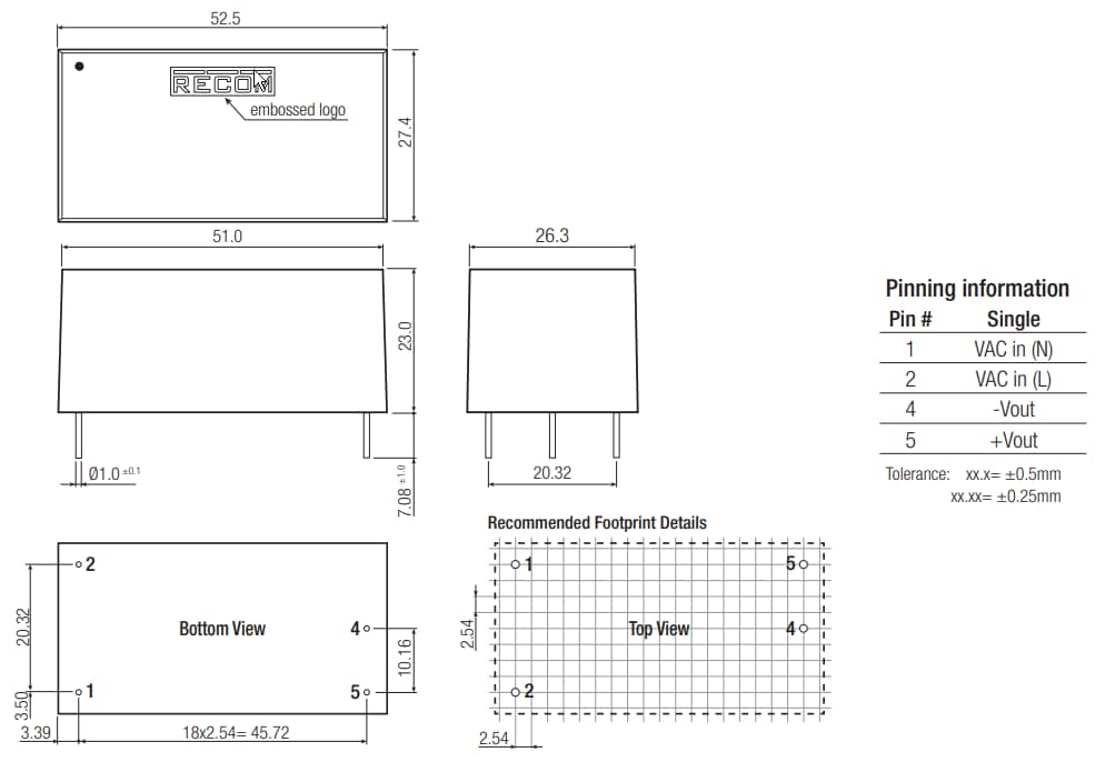 Mechanical Drawing - RECOM Power RAC15-K & RAC20-K AC/DC Power Supplies